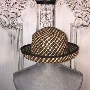 No Tags Brown and Tan Weaved Flipped Up Brim Bowler Sun Hat